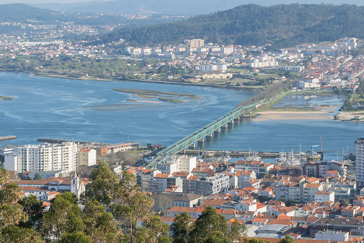 Viana do Castelo and the Eiffel bridge across the River Lima seen from above.