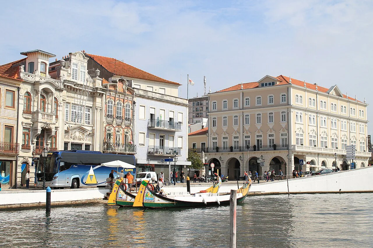 Moliceiro boats on the central canal in Aveiro.