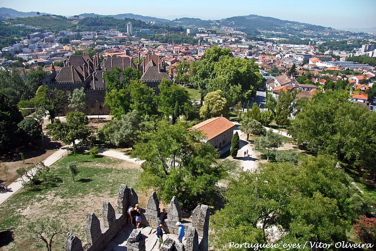 View over Guimarães from a wooded hilltop.