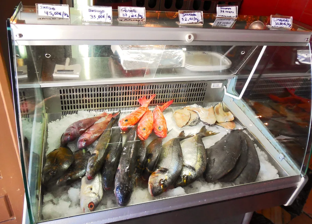 Fresh fish on ice in a display counter at A Tasca in Sagres.