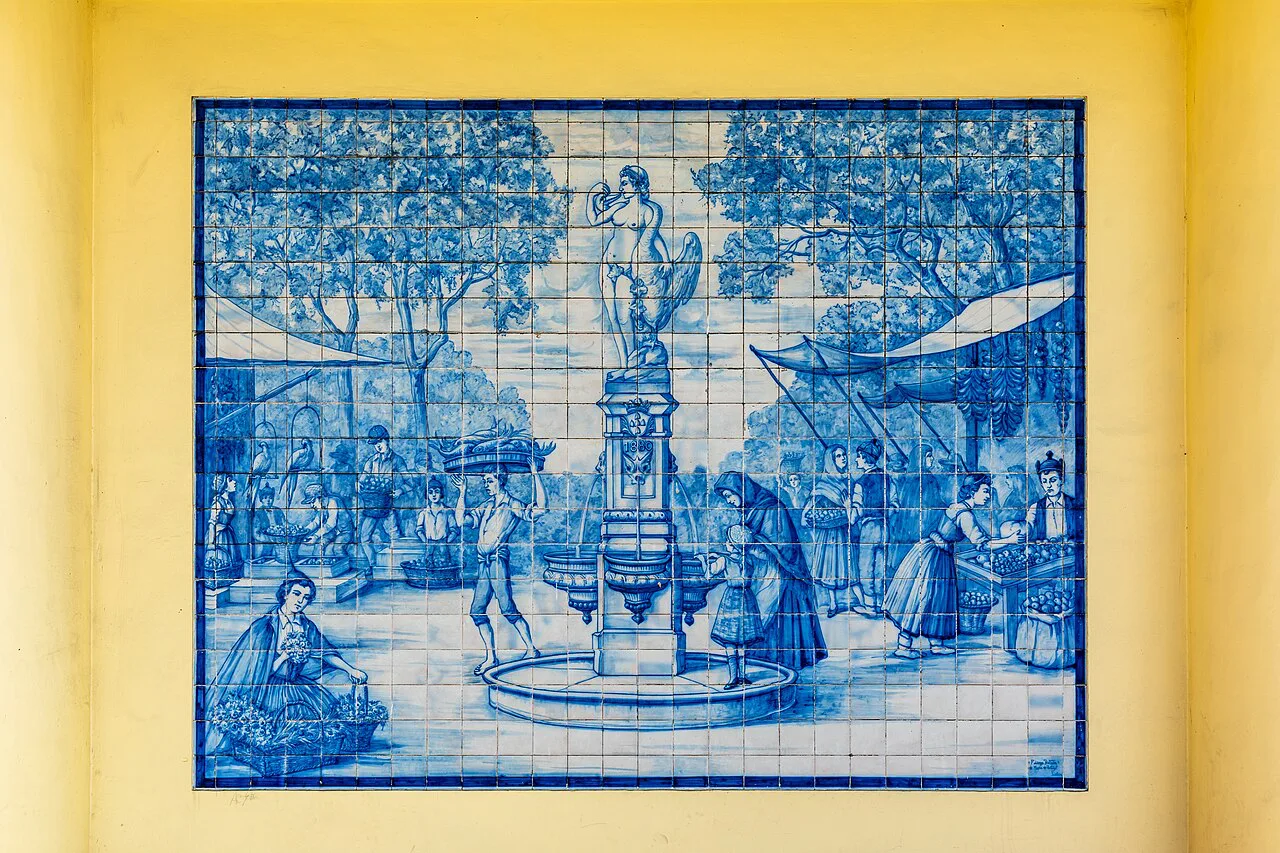 A blue-and-white azulejo panel at the entrance to the Mercado dos Lavradores in Funchal.