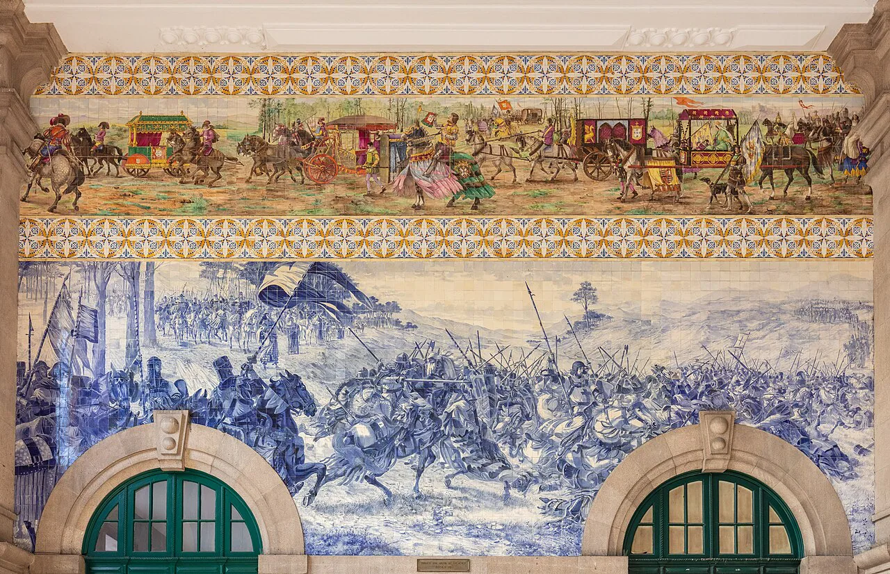 Azulejo panels in the hall of São Bento railway station in Porto.