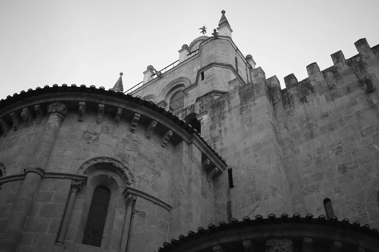 The crenellated walls of the Sé Velha in Coimbra.