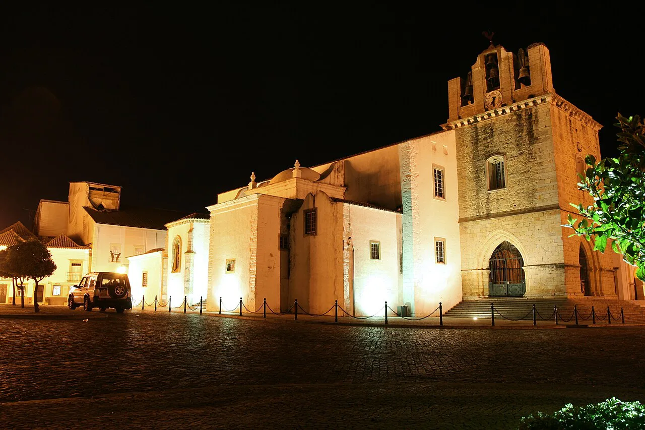 Faro Cathedral and neighbouring buildings lit up at night.