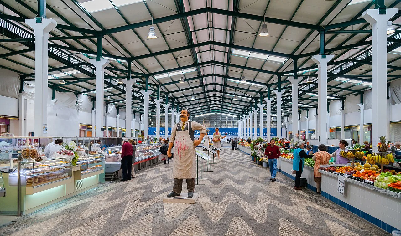 Produce stalls inside the Mercado Municipal in Setúbal.