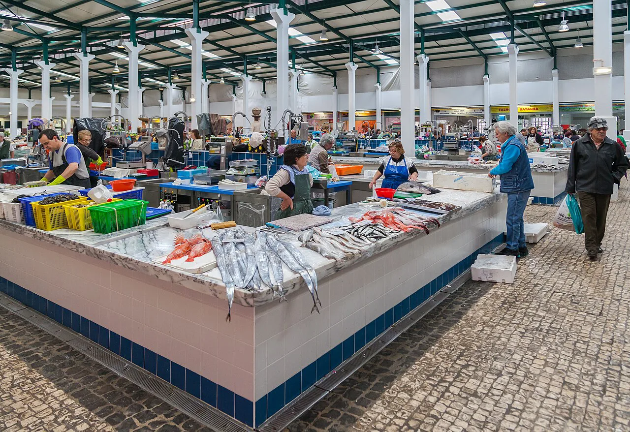 Fish counters inside the Mercado Municipal in Setúbal.