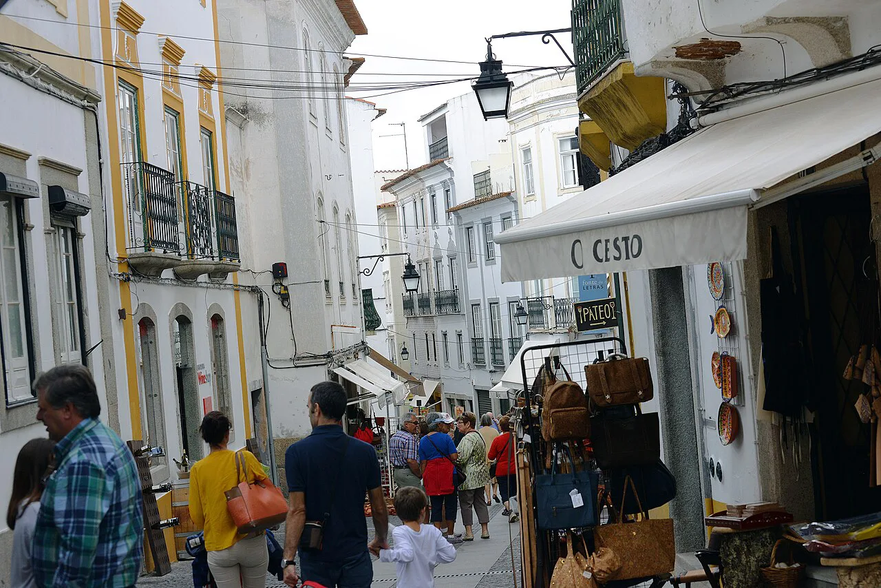 Shops and awnings on a narrow street in Évora.