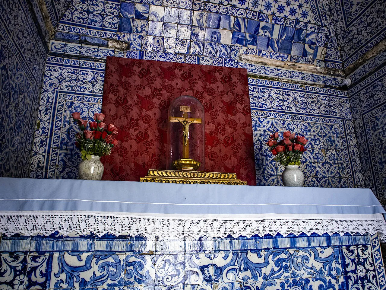 The azulejo-covered interior of the Ermida da Memória chapel in Nazaré.
