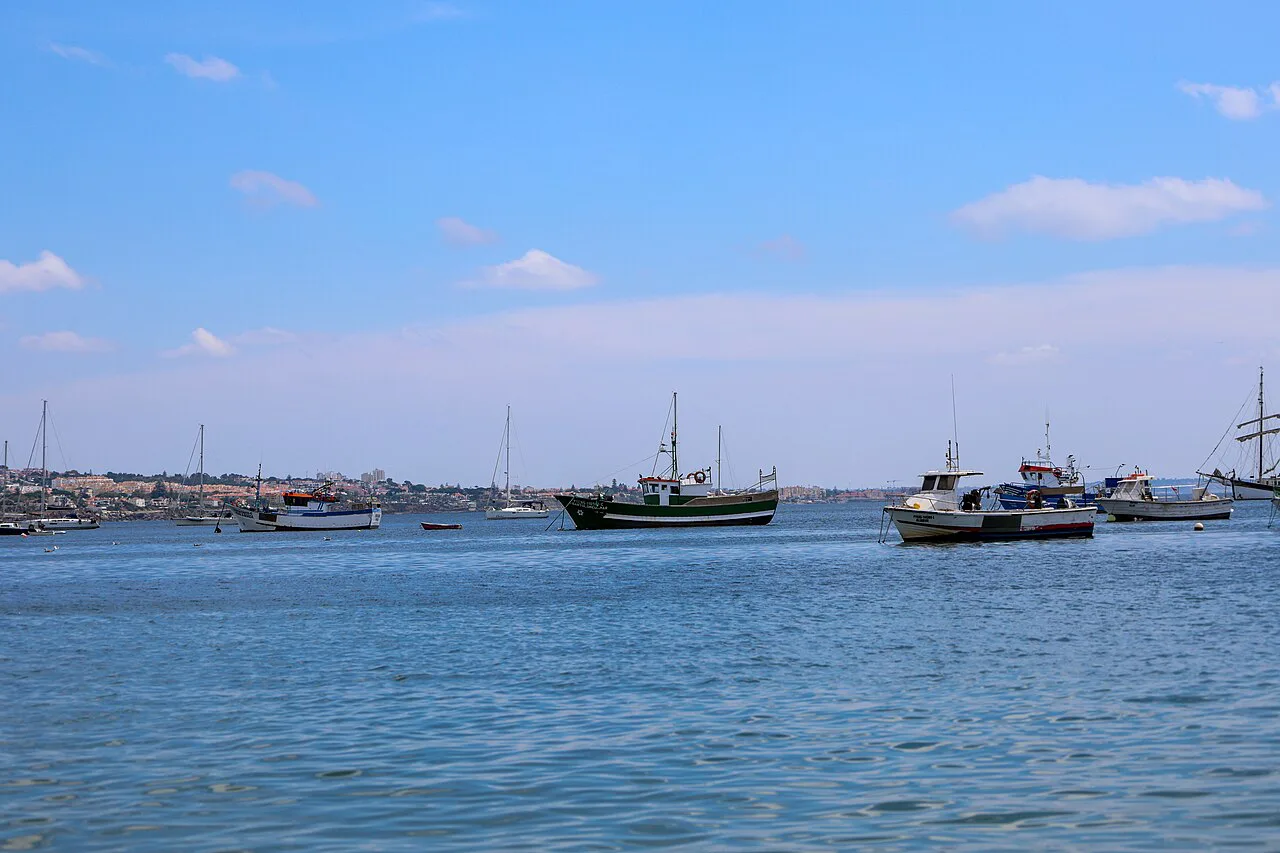 Boats moored in the bay at Cascais.