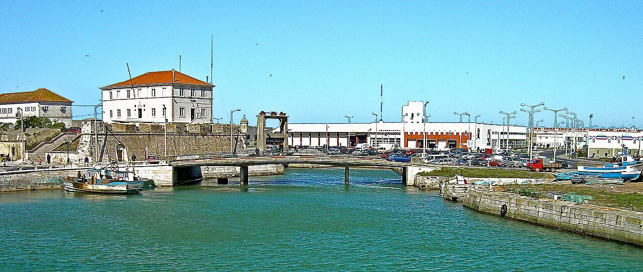 The harbour channel and waterside buildings in Peniche.