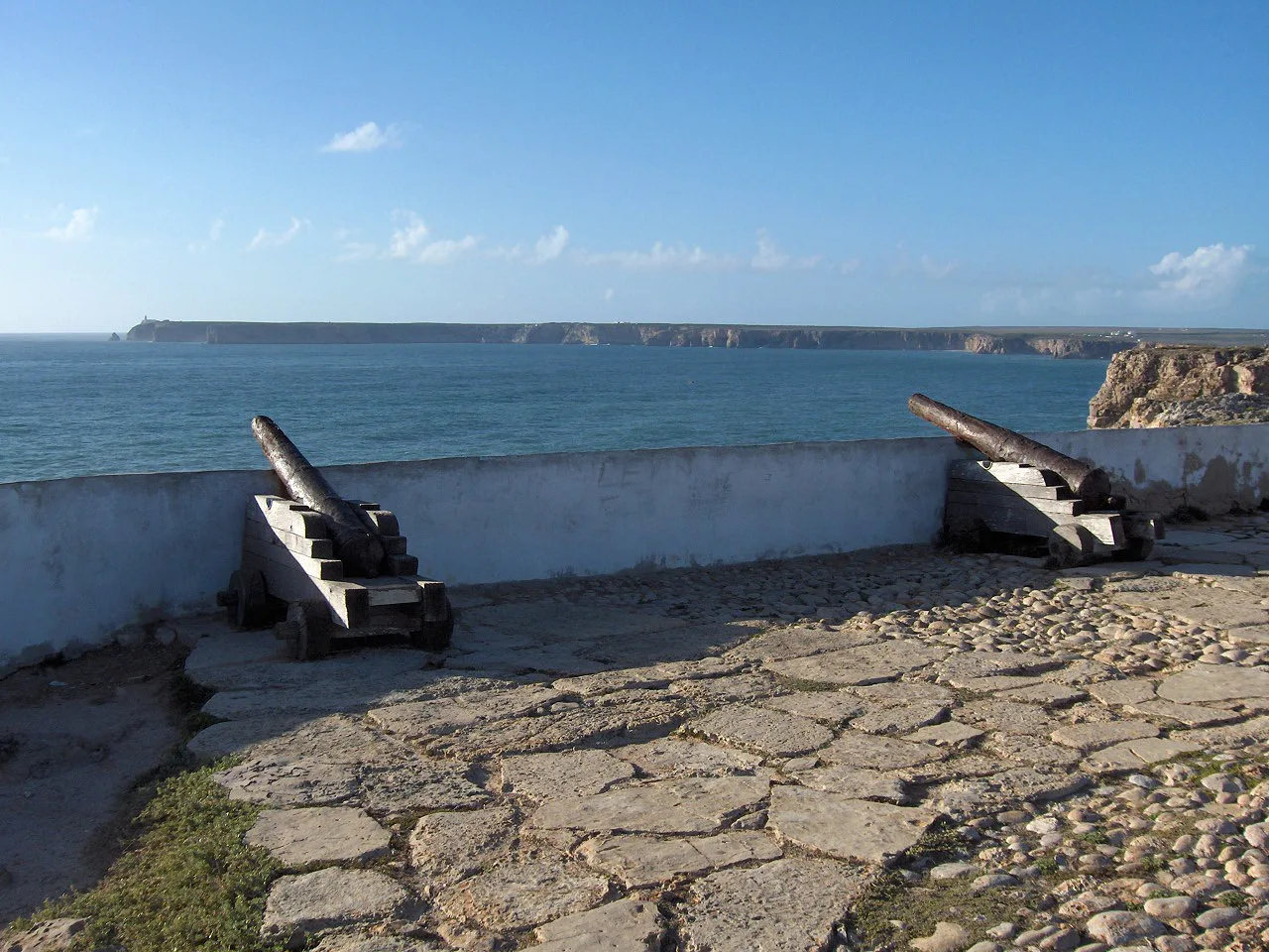 Cannons at the Fortress of Sagres pointing towards the Atlantic and Cape St Vincent.