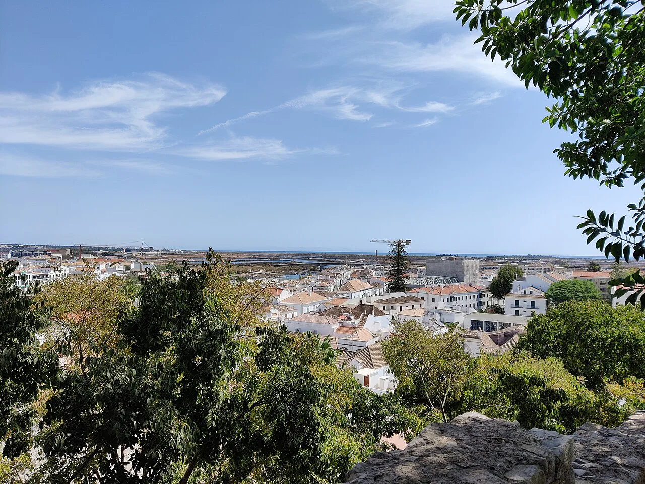 View over the rooftops of Tavira from a wooded hill.
