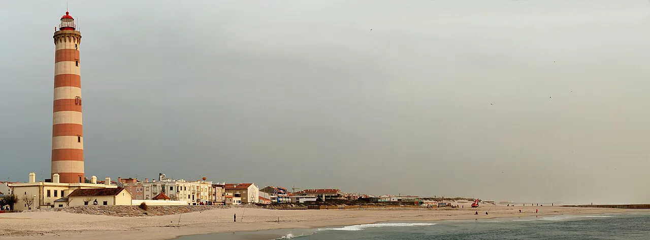 The striped Aveiro lighthouse on the west coast of Portugal.