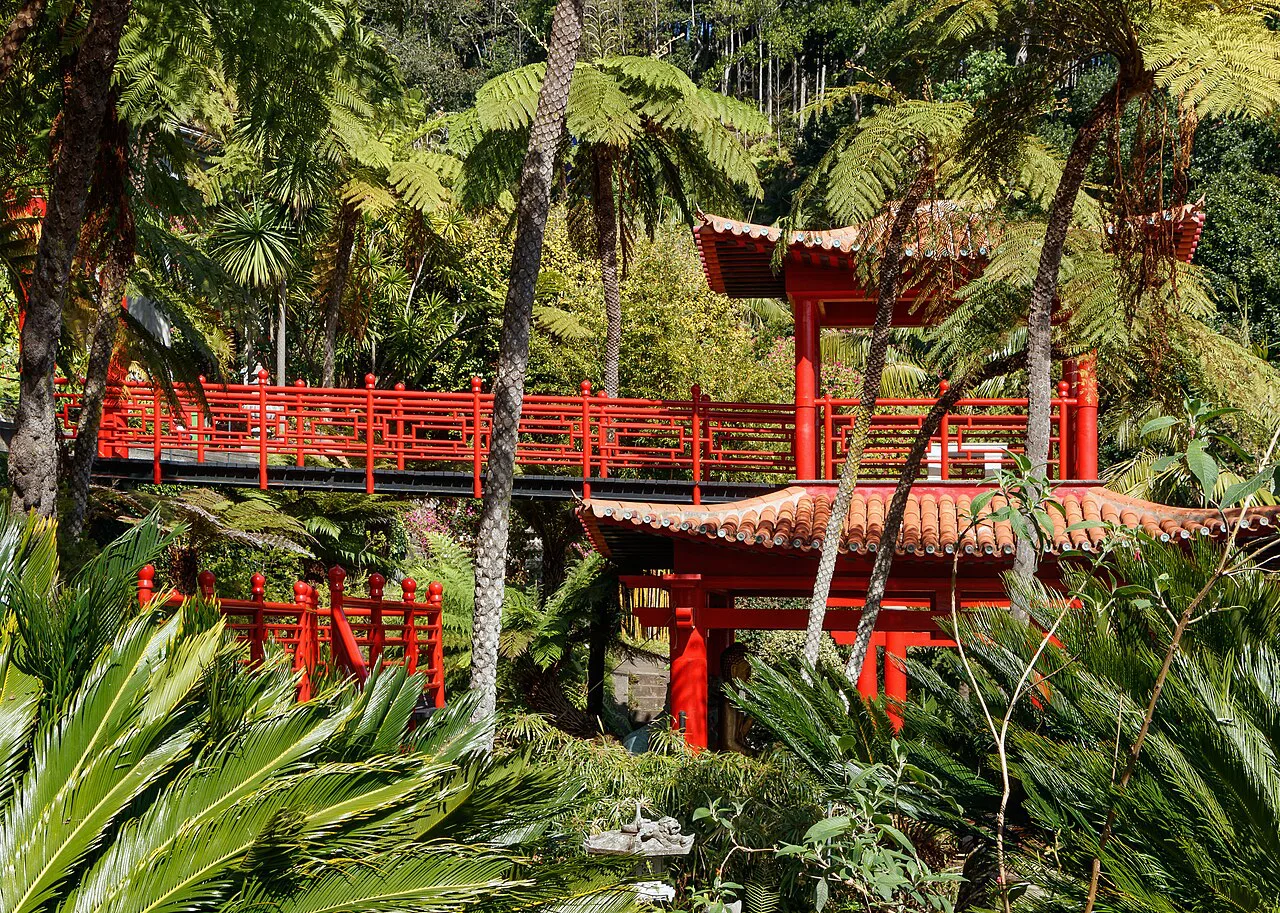 A red pagoda in the Oriental Gardens of Monte Palace Tropical Garden above Funchal.