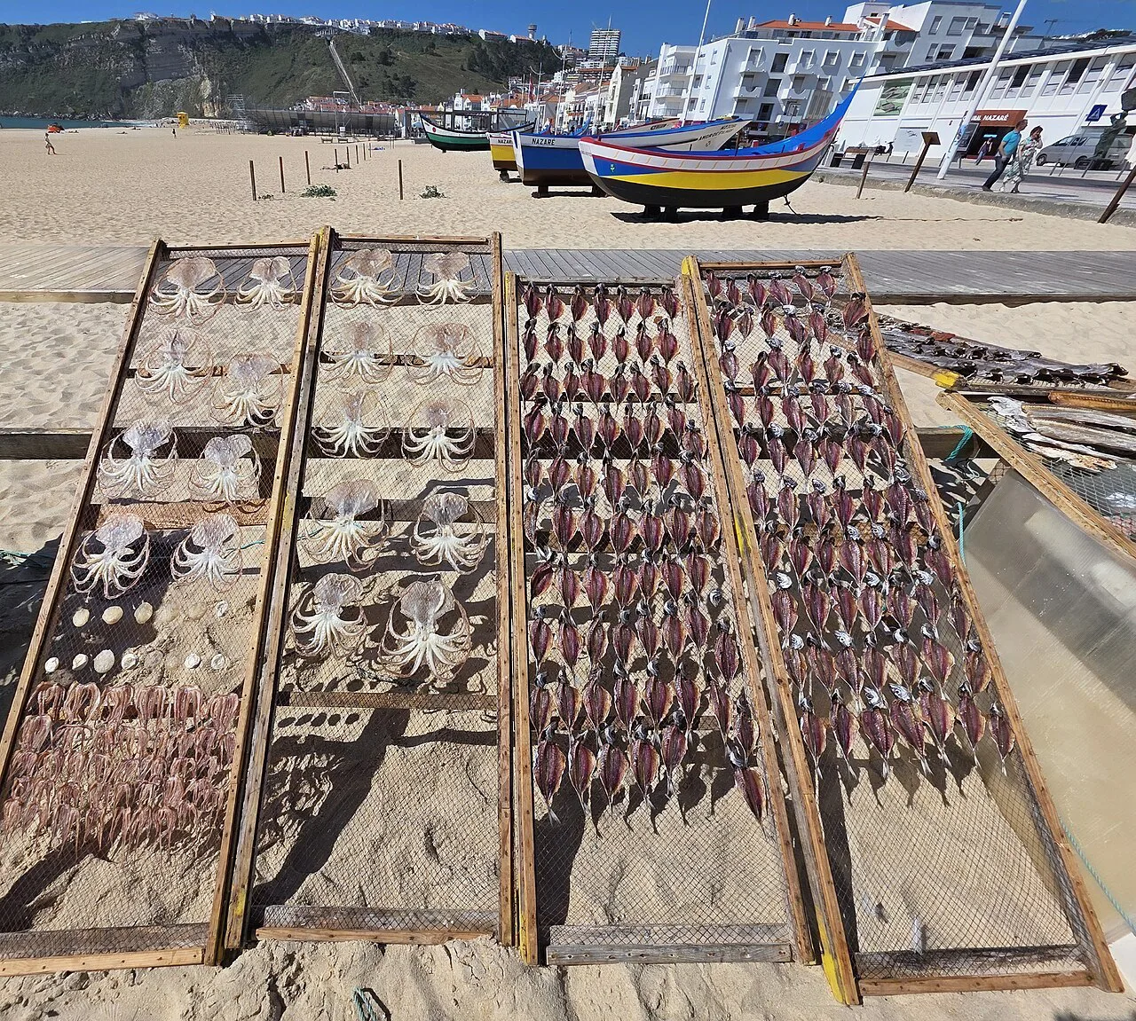 Fish drying on racks on the beach at Nazaré, with fishing boats behind.