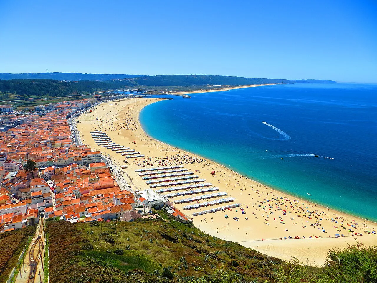 The long beach at Nazaré seen from the clifftop.