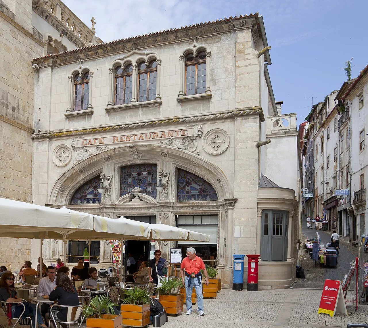 The terrace and façade of Café Santa Cruz in Coimbra.