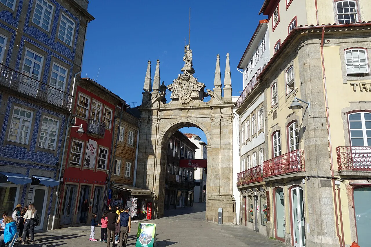 The Arco da Porta Nova at the end of a street in Braga.