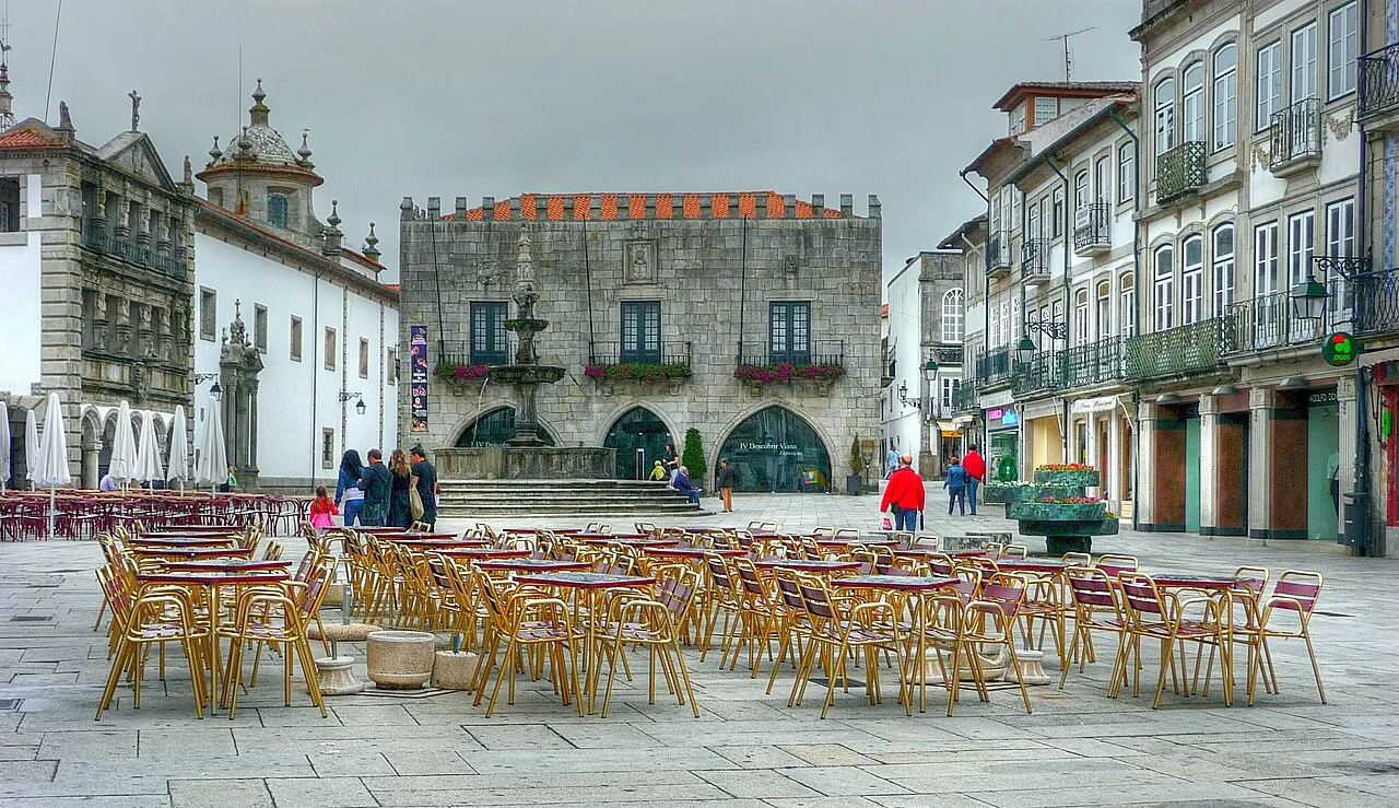 Café tables on the Praça da República in Viana do Castelo.