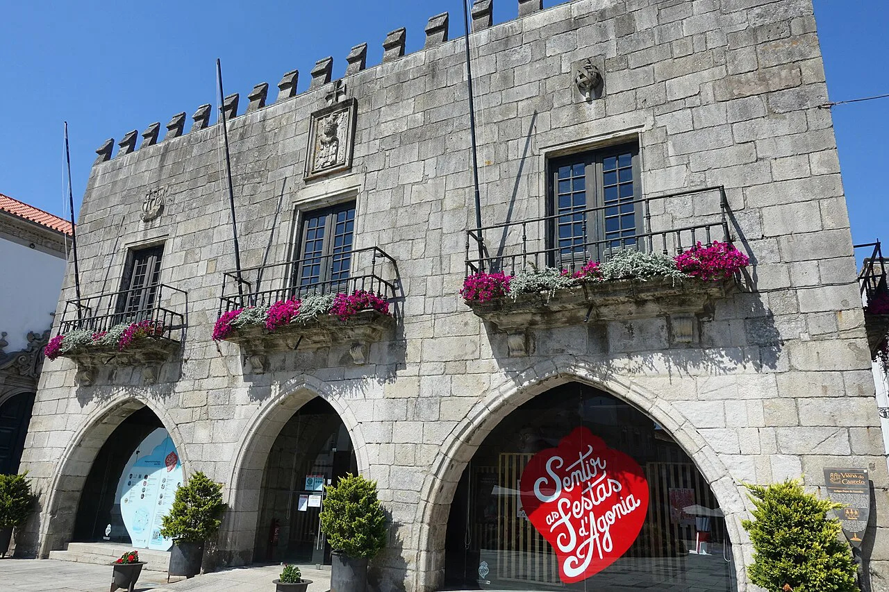 An arcaded stone building on the Praça da República in Viana do Castelo.